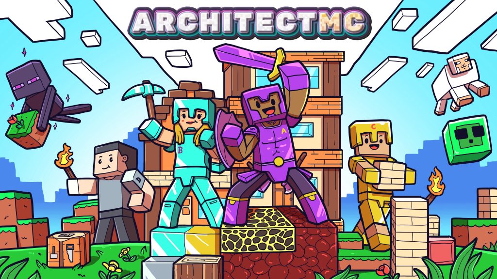 ArchitectMC key art: a warrior in purple armour raising a sword beside a diamond-armour builder with a pickaxe and a gold-armour player, with an enderman carrying a grass block, a slime, a sheep and flying blocks around a village build.